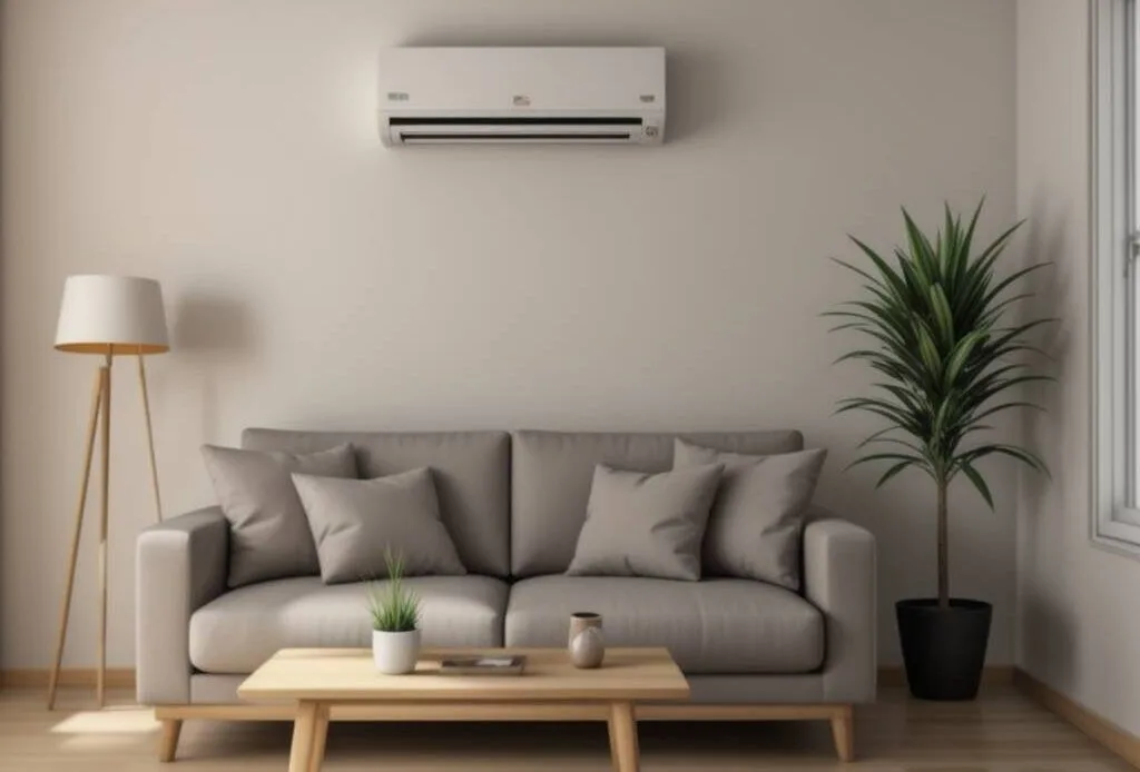 Immagine di un salotto con divano e climatizzatore fisso.