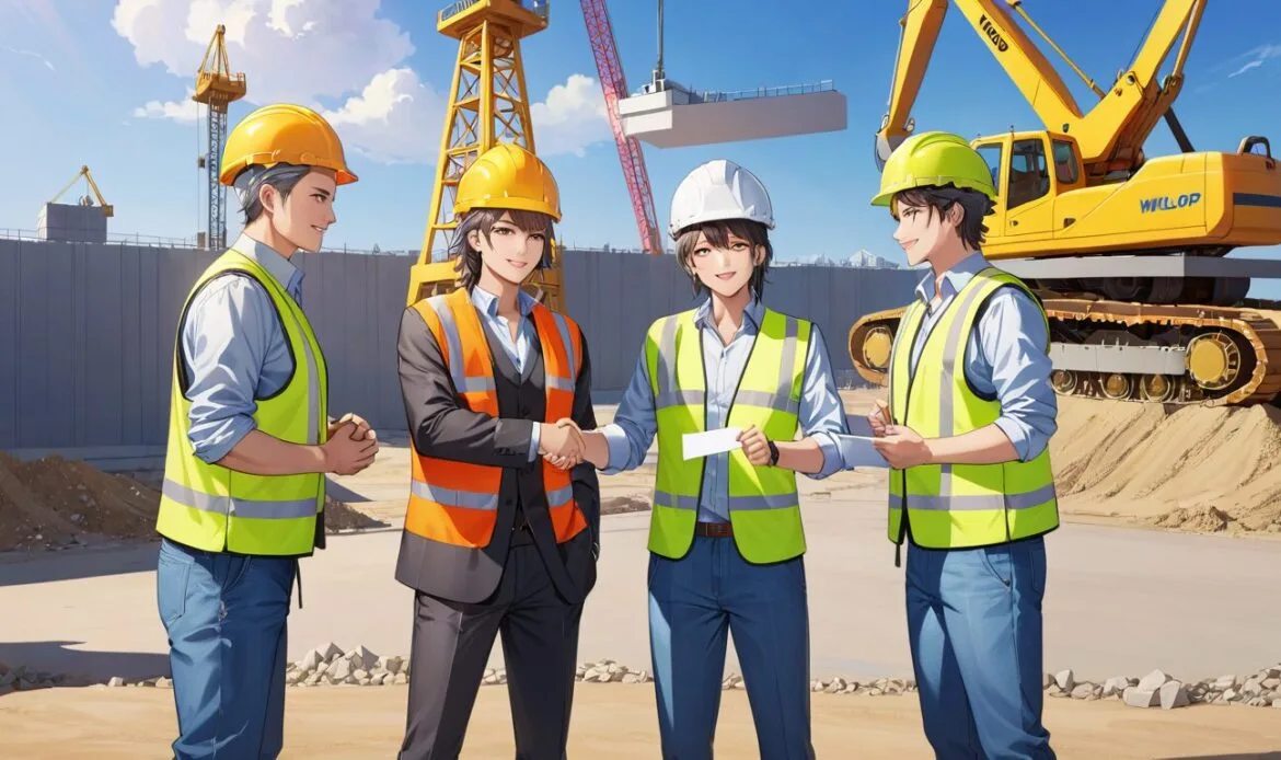 Immagine stile cartone rappresentante persone in un cantiere che discutono