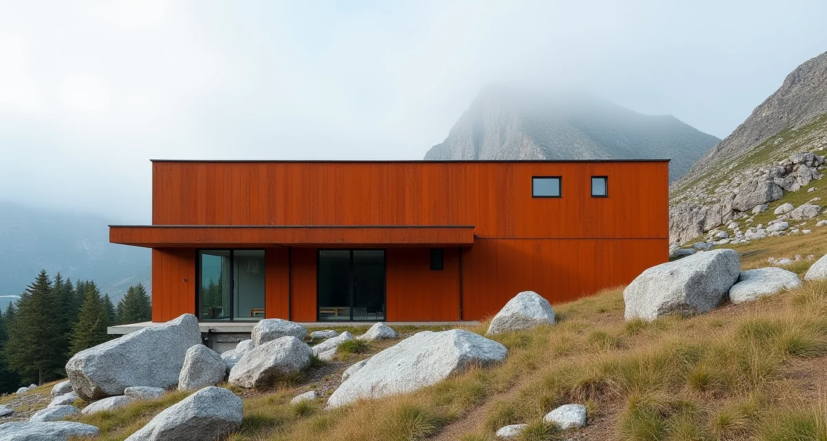 Facciata in acciaio Corten ossidato arancione su edificio museale alpino, contrasto con le rocce naturali sotto la luce diurna