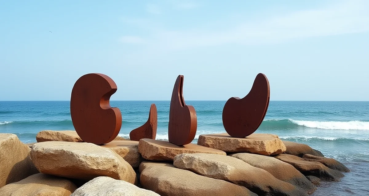 Sculture in acciaio Corten arrugginito posizionate su rocce costiere atlantiche