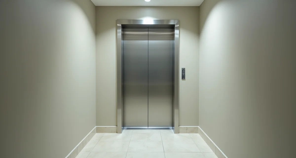 Ascensore moderno con porte chiuse installato nel vano scala luminoso di un edificio residenziale condominiale