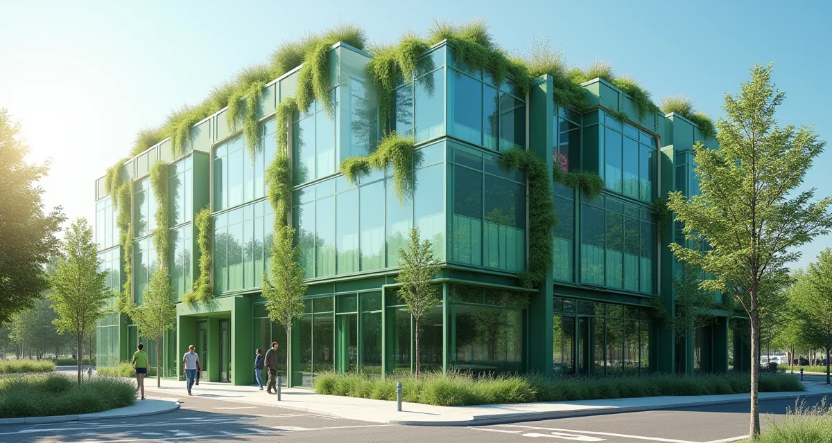 Edificio moderno con facciata in vetro e tetto verde illuminato dal sole