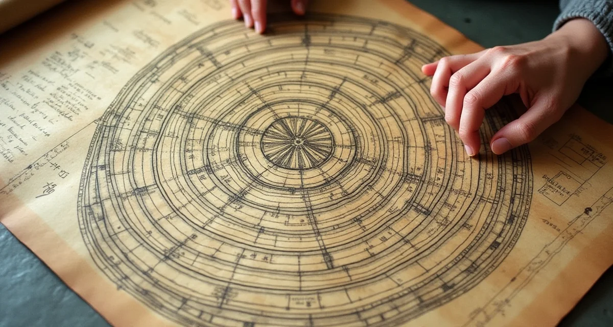Pianta di una città giardino disegnata con cerchi concentrici su una mappa antica disposta su un tavolo
