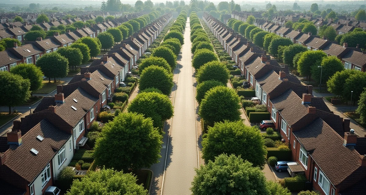 Vista aerea di un quartiere giardino con case basse, siepi e strade alberate sotto il sole
