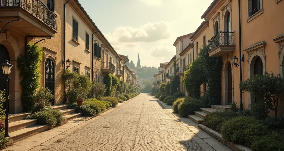 Vie di una città giardino padovana con ville e giardini illuminati dalla calda luce del sole
