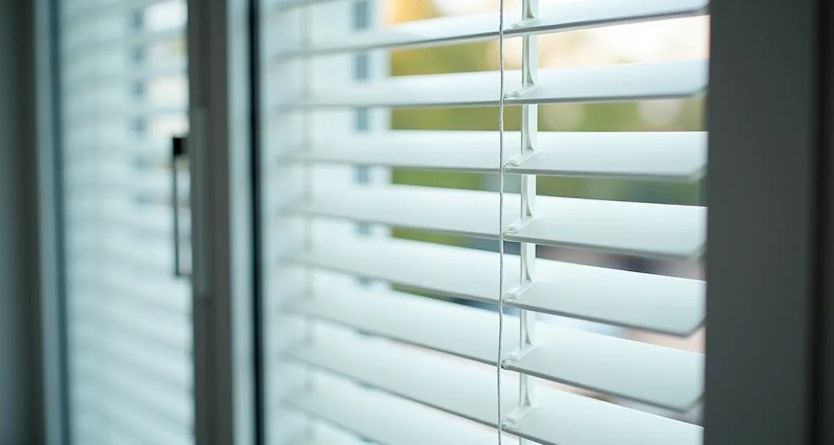 Tapparella in PVC parzialmente abbassata vista dall'interno con luce che filtra dalle lamelle