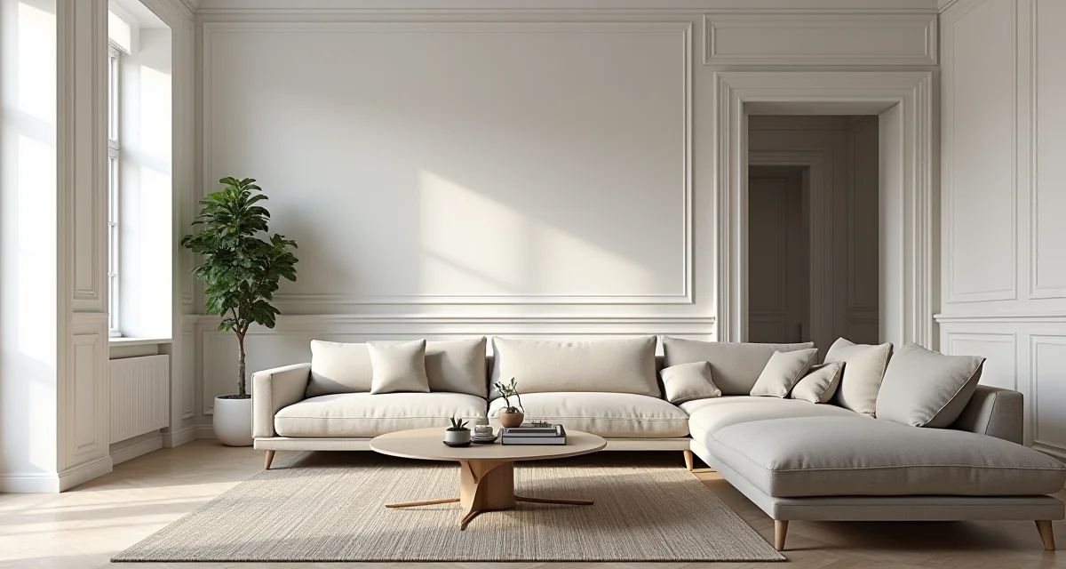 Soggierno con modanature classiche e mobili moderni illuminato dalla luce naturale del giorno