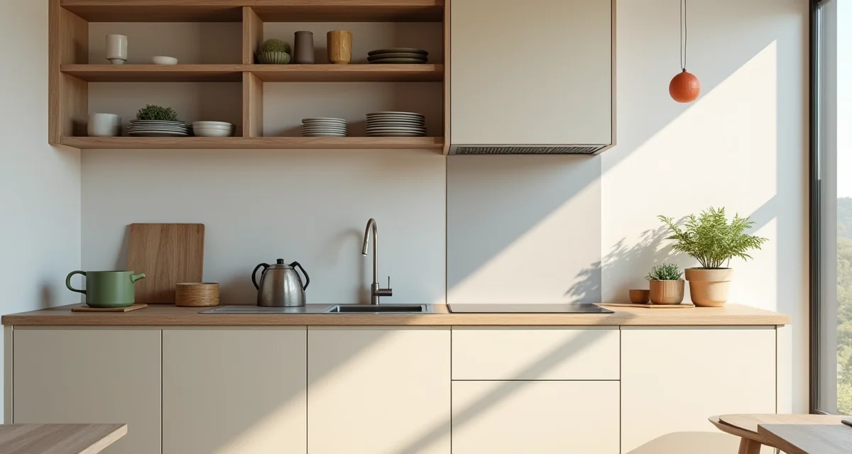 Cucina compatta con armadi chiari, mensole aperte e soluzioni intelligenti per ottimizzare gli spazi interni
