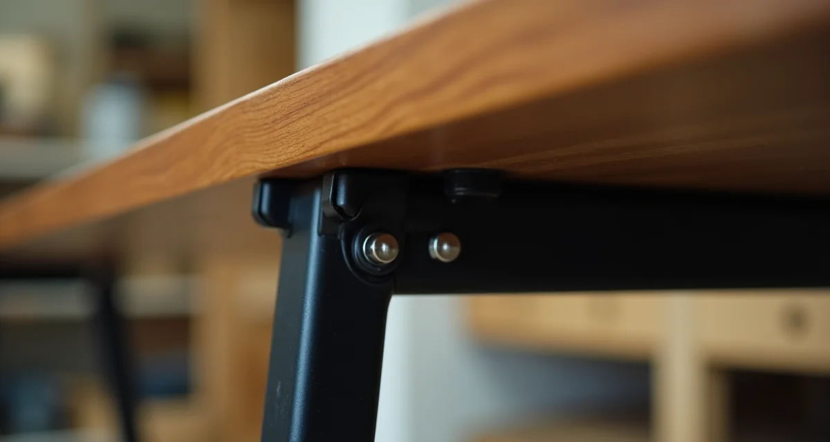Cerniera metallica per gamba pieghevole di un tavolo in legno, dettaglio tecnico con illuminazione da officina