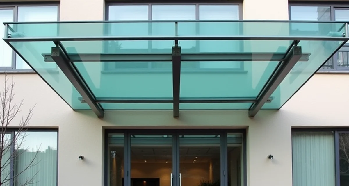 Pensilina in vetro con staffe in acciaio inox sopra l'ingresso di un edificio durante il giorno
