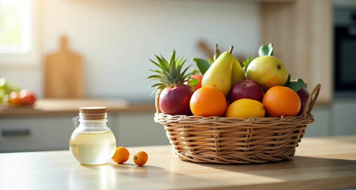 Cesto di frutta sul piano cucina con barattolo trappola per aceto per eliminare i moscerini