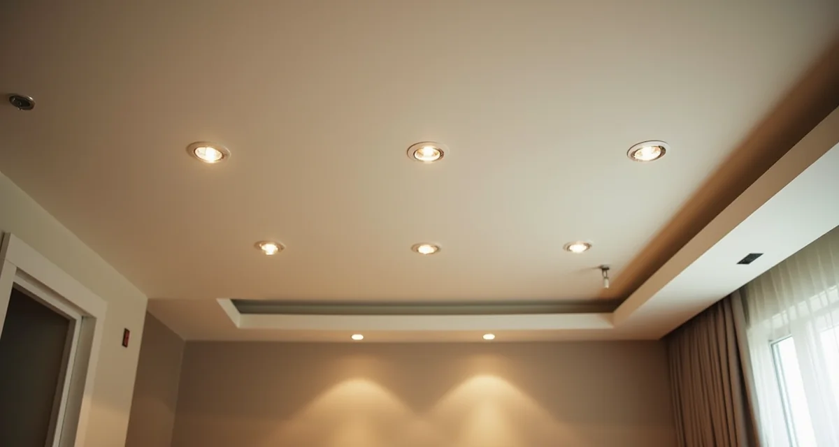 Controsoffitto in cartongesso con plafone e luci LED incassate in un soggiorno moderno