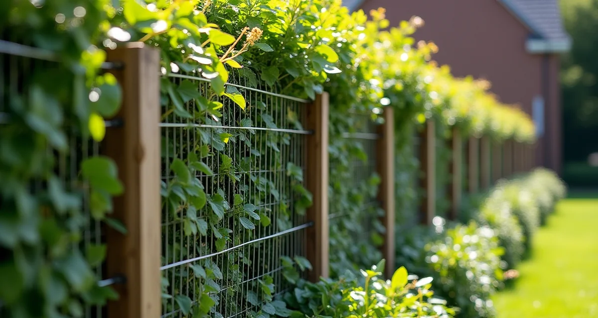 Recinzione giardino economica con paletti in legno e rete metallica affiancata da un siepe verde sotto il sole