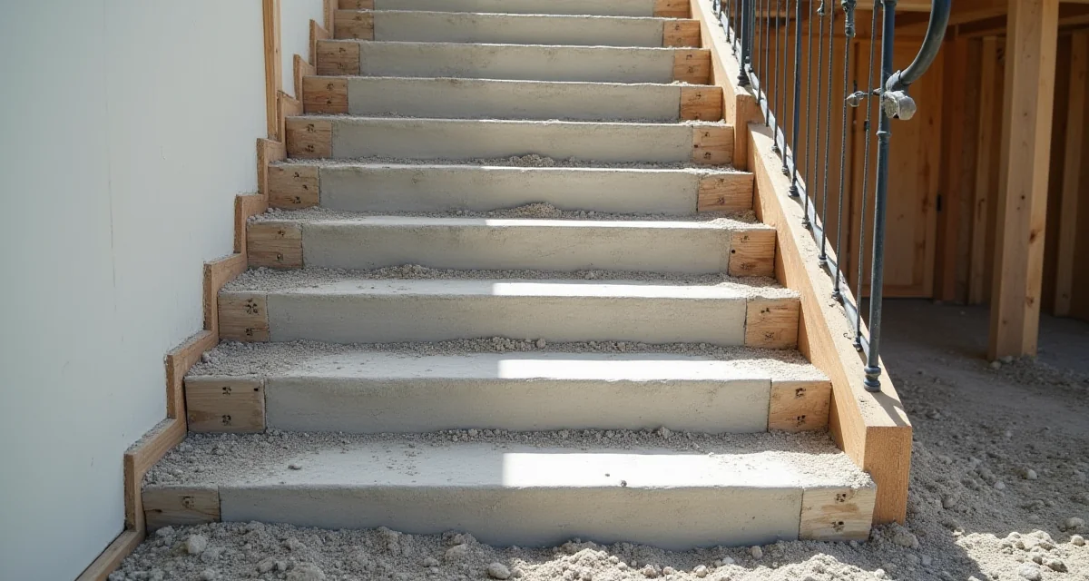 Scala in cemento armato con casseri di legno e tondini di acciaio pronti per il getto dei gradini