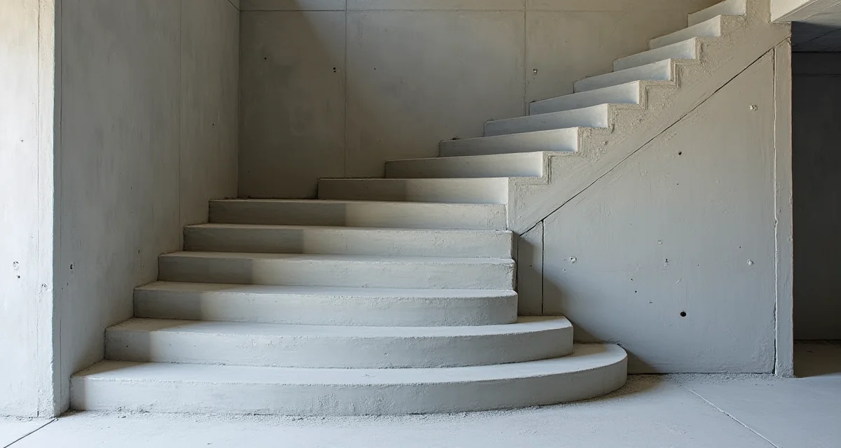 Scala in cemento armato con gradini grezzi e finitura grigia all'interno di un cantiere edile