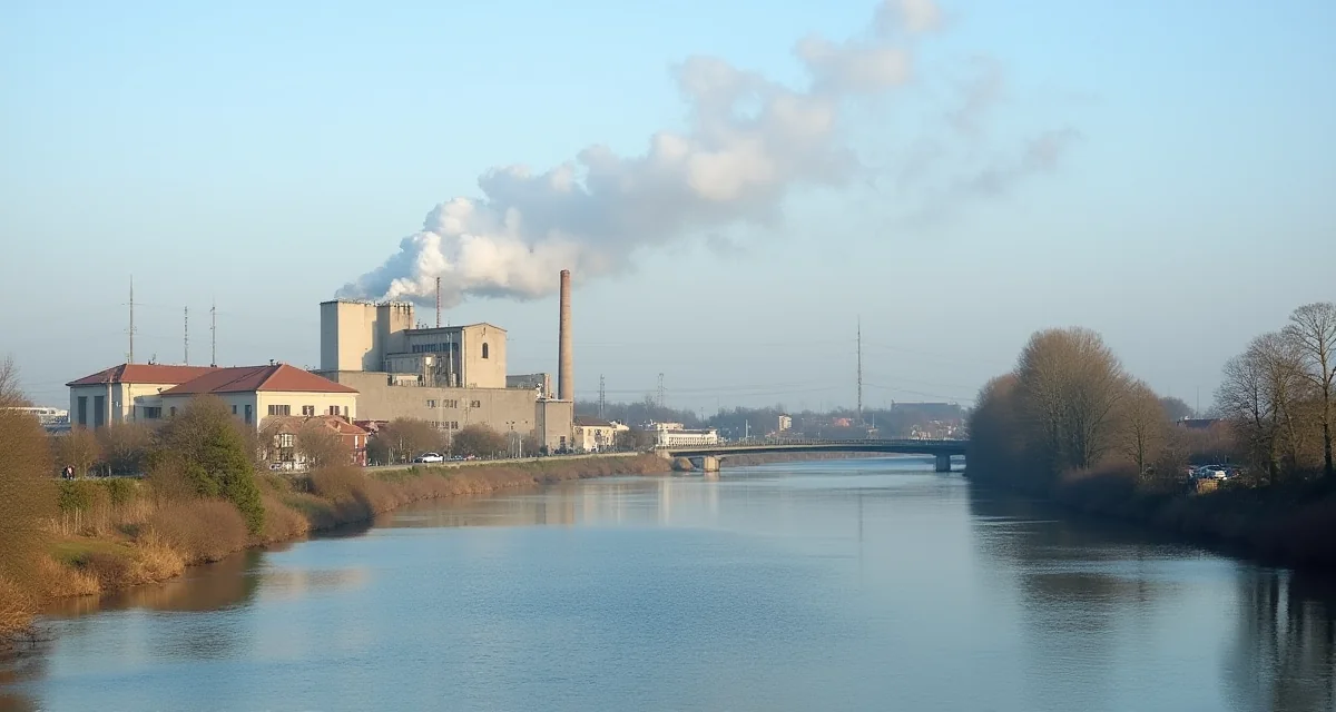 Impianto di incenerimento con camino accanto al fiume vicino a Padova in pieno giorno