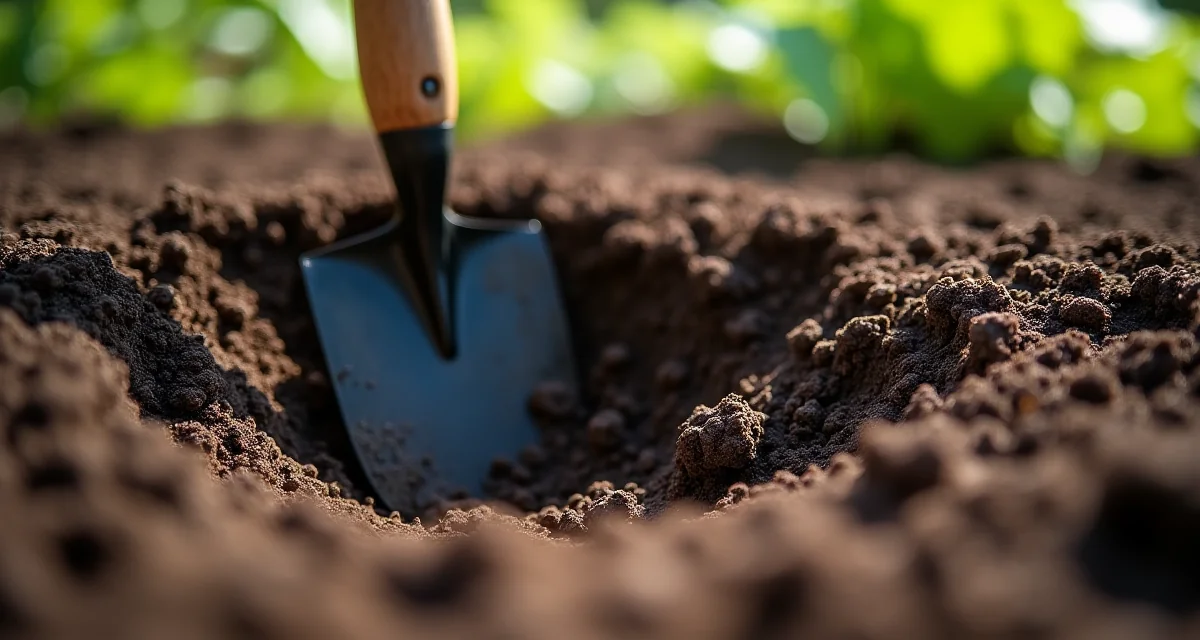 Pala confitta nel terreno scuro del giardino con buca fresca per misurare il pH