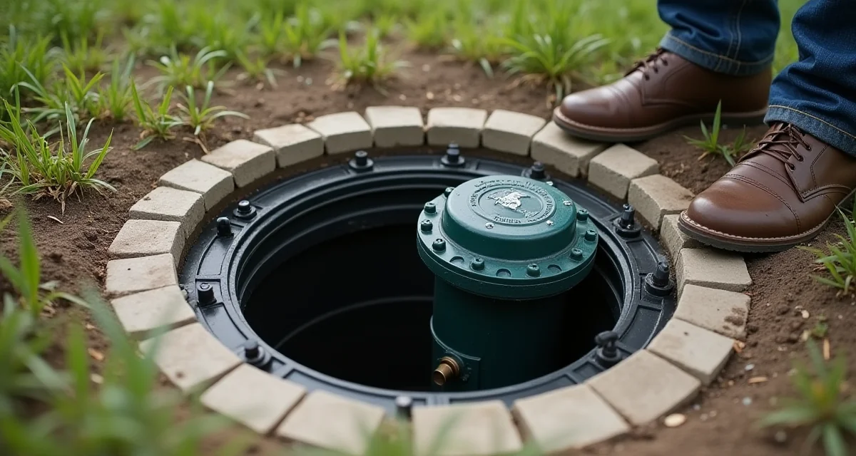 Poza del contatore con tubi isolati in schiuma e coperchio termico nel giardino di giorno