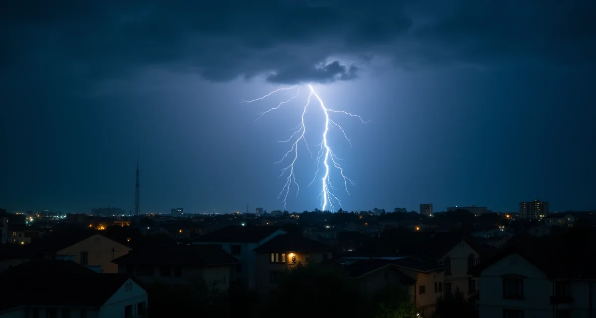 Fulmine che colpisce case urbane di notte sotto un cielo tempestoso drammatico per illustrare i rischi elettrici