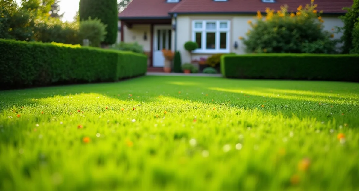 Giardino curato con prato falciato e siepi potate sotto il sole per prevenire la proliferazione delle zecche