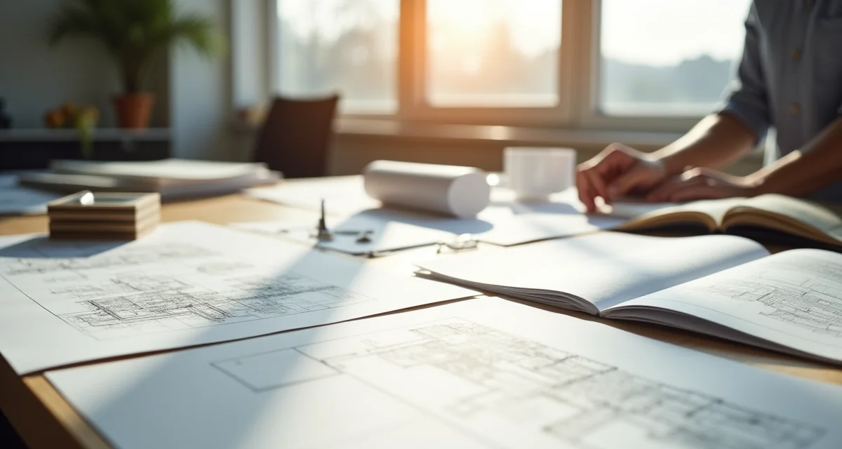 Scrivania studio di architettura con disegni, modello in scala e campioni materiali illuminati da luce naturale