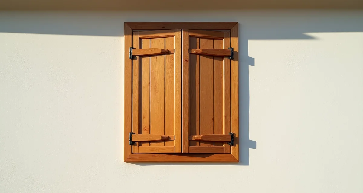 Persiana in legno rettifica e ben chiusa sulla facciata di casa sotto il sole