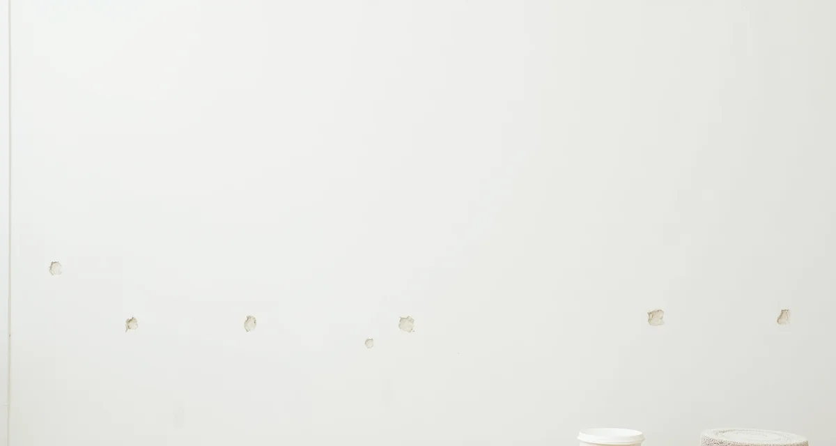 Muro bianco con buchi e crepe stuccati e carteggiati, tubetto di stucco e carta vetrata sul pavimento