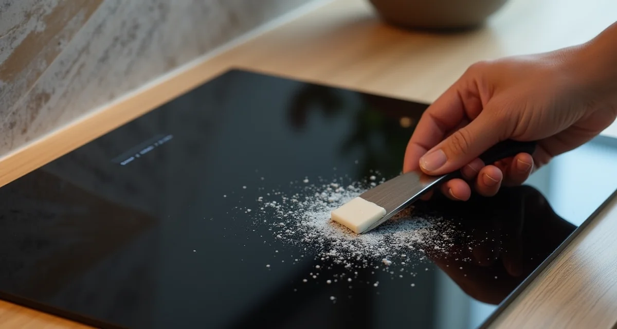 Piano cottura in vetro nero con raschietto e detergente cremoso per rimuovere le macchie senza danneggiare la superficie