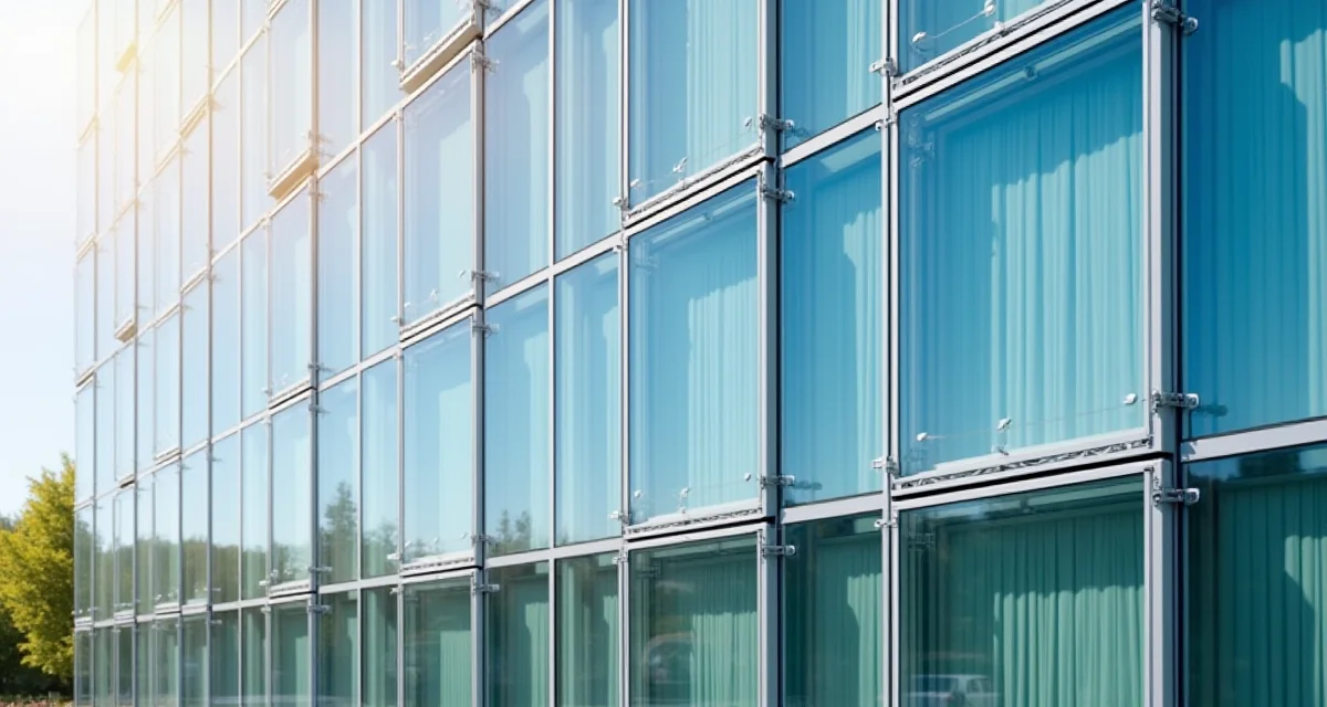 Pannelli fotovoltaici in vetro integrati nella facciata dell'edificio come rivestimento esterno sotto il sole