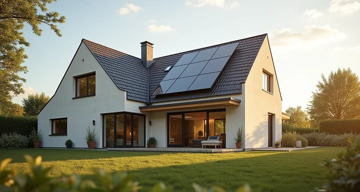 Casa moderna quasi a energia zero con isolamento spesso, triplo vetro e tetto solare sotto il sole