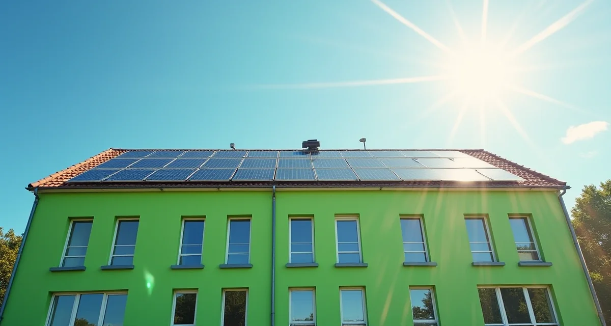 Edificio sostenibile con facciata verde e pannelli solari in una giornata di sole