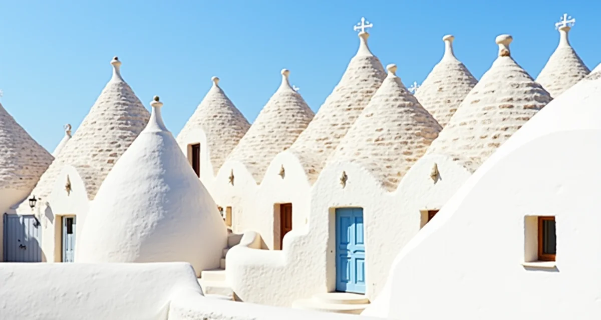 Trulli bianchi con tetti conici in pietra a Alberobello, Puglia, sotto un sole splendente
