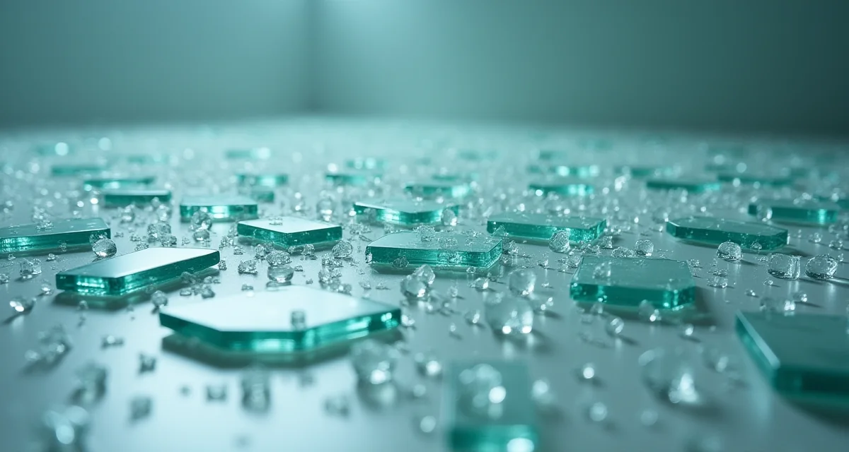 Vetro temperato frantumato in piccoli cubi su pavimento per evidenziare la sicurezza del materiale