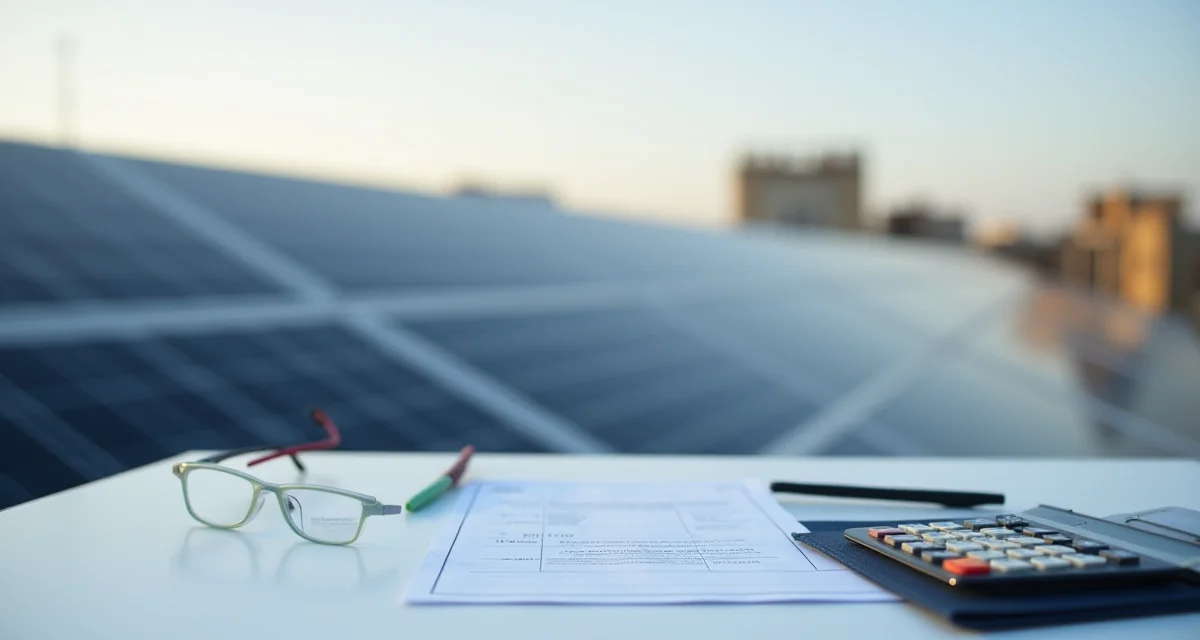 Pannelli fotovoltaici sul tetto con calcolatrice e cartella per il dimensionamento dell'impianto