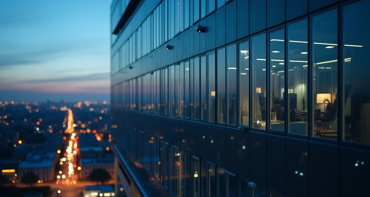 Facciata illuminata di un edificio intelligente con sensori e vista sulla città al crepuscolo