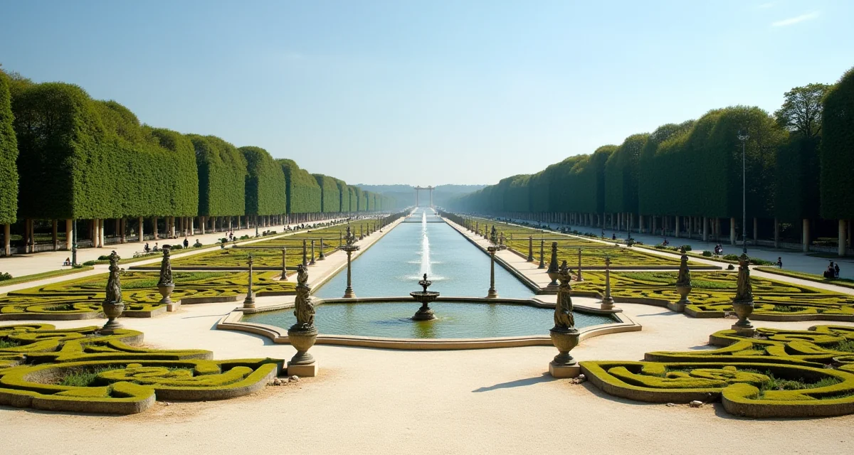 Giardini formali di Versailles con aiuole geometriche e fontane sotto un sole splendente