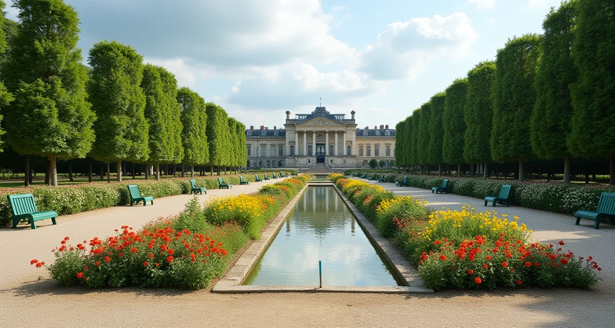 Giardino del Lussemburgo a Parigi con palazzina, aiuole fiorite e sedie verdi