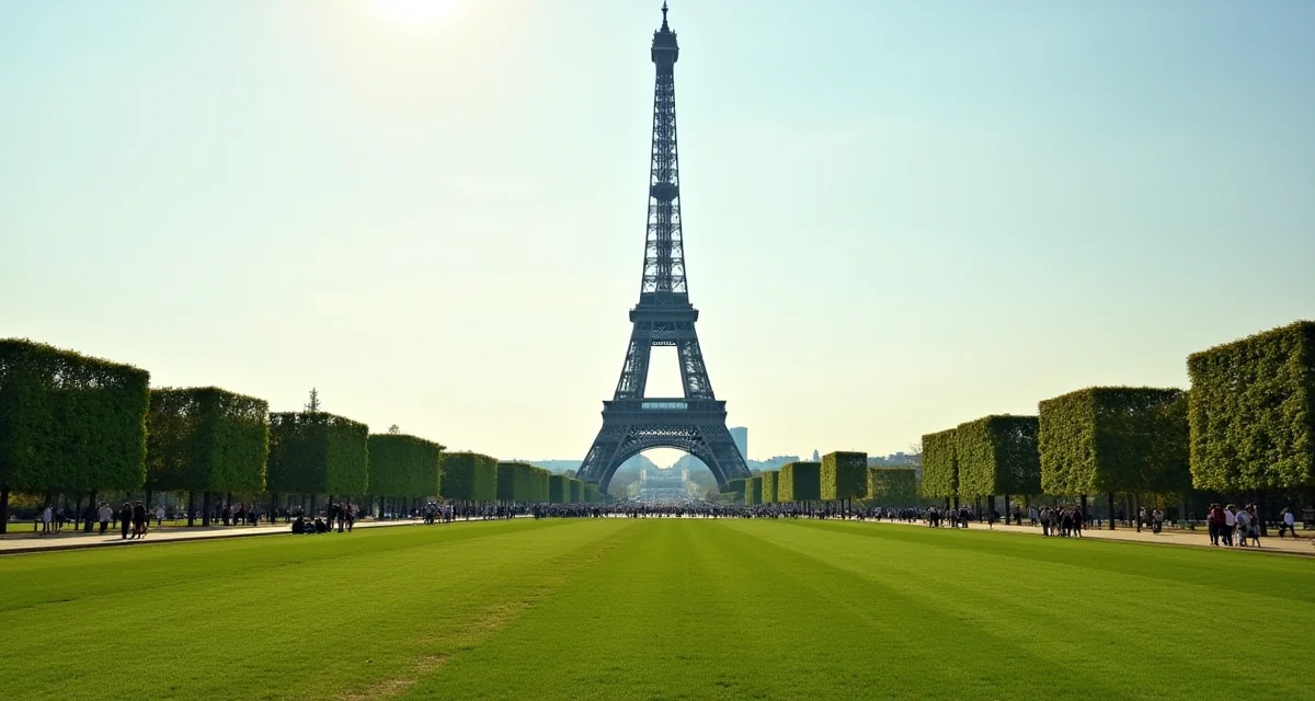 Prato del Campo di Marte con vista verticale sulla Torre Eiffel in piena luce diurna
