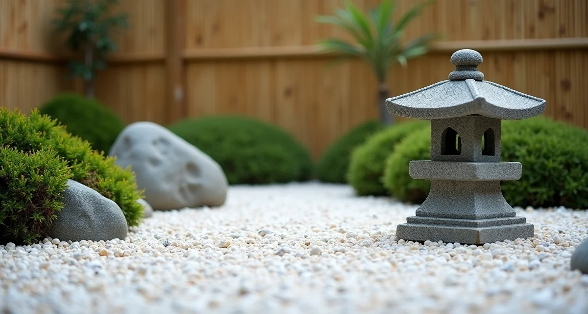 Giardino zen con ghiaia bianca rastrellata, roccia muschiosa, lanterna in pietra e recinzione di bambù