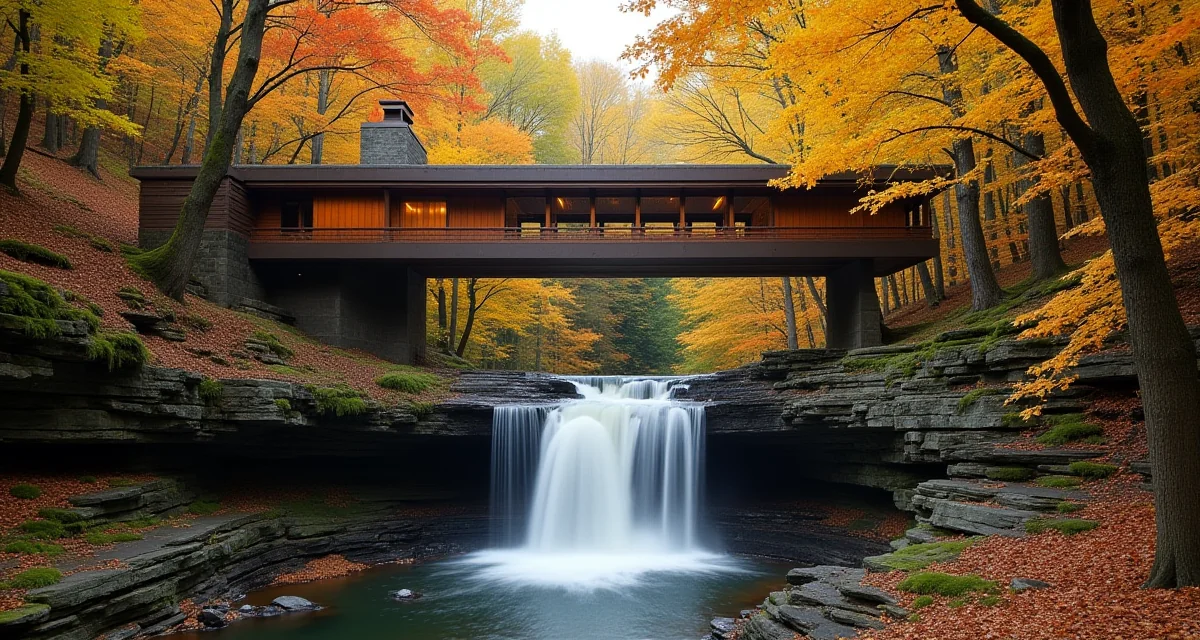 Villaggio di Fallingwater con balconi a sbalzo su cascata e colori autunnali nella foresta circostante
