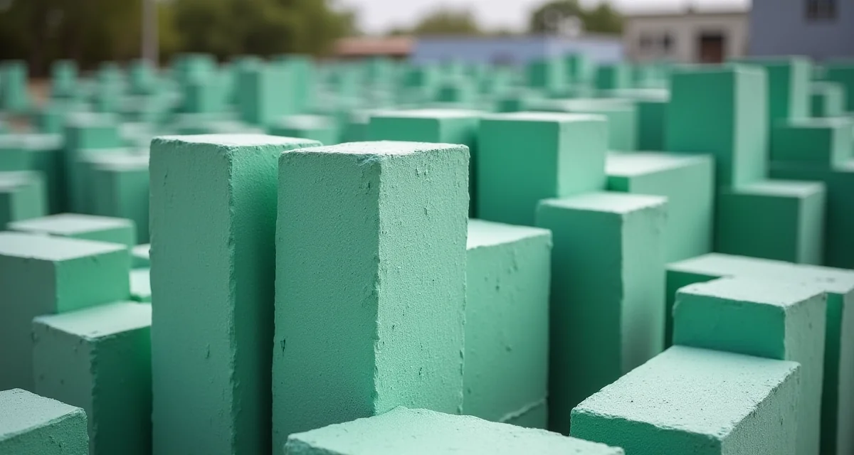 Blocchi di calcestruzzo geopolimerico verde impilati in un cortile di laboratorio sotto la luce del giorno