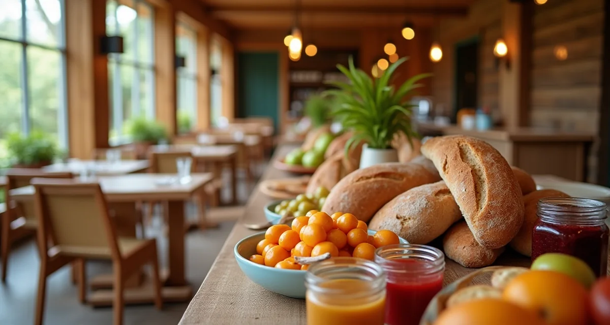 Buffet di colazione biologica con pane fresco e marmellate in una sala da pranzo in legno di un hotel ecologico