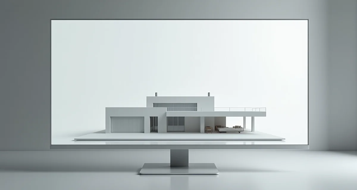 Modellazione 3D di una villa moderna su schermo, dettaglio del rendering architettonico in scala bianca