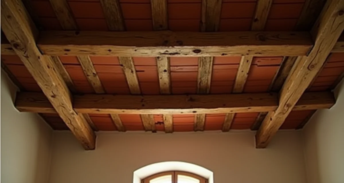 Controsoffitto rustico con travi in legno a vista e piastrelle di cotto in una stanza