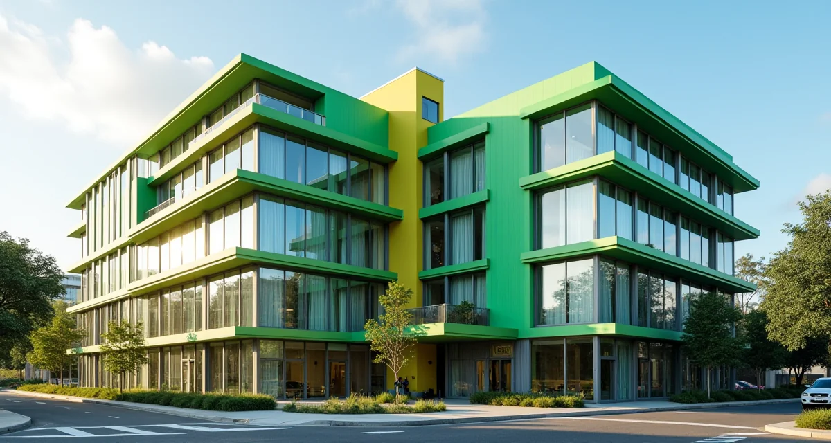 Vista ampia dell'ospedale pediatrico con facciata colorata e verdi frangisole