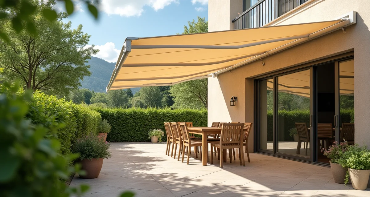 Terrazza ombreggiata da una grande tenda beige retrattile con tavolo all'aperto in una giornata estiva soleggiata