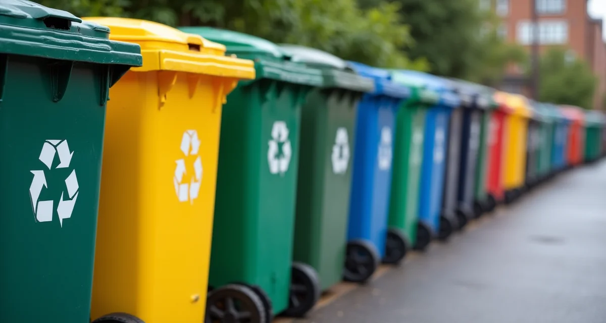 File di cassonetti colorati per la raccolta differenziata di carta vetro plastica e organico su strada
