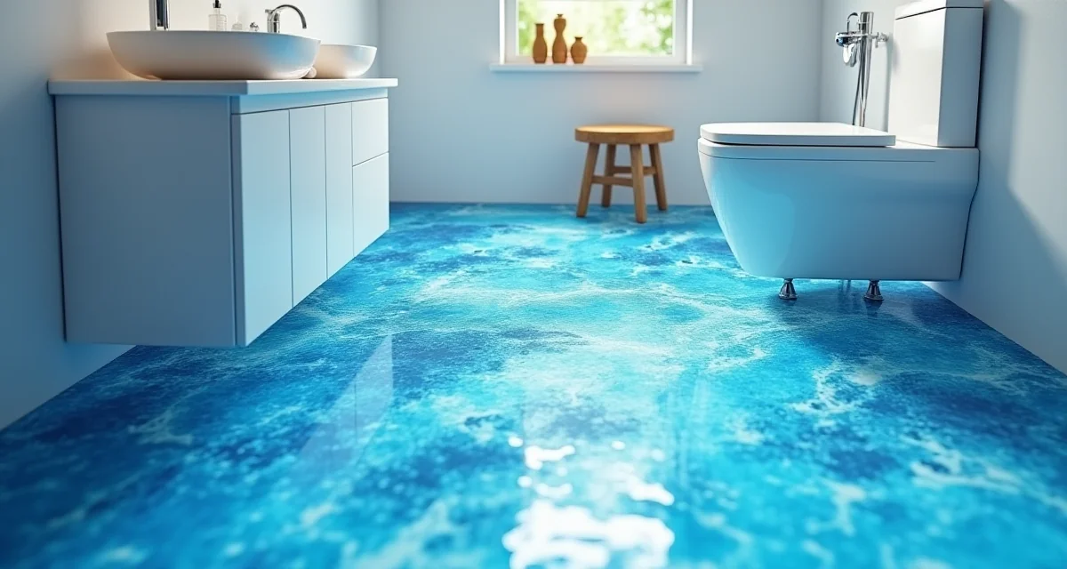 Pavimento in resina 3D con effetto onda marina illuminato da luce naturale