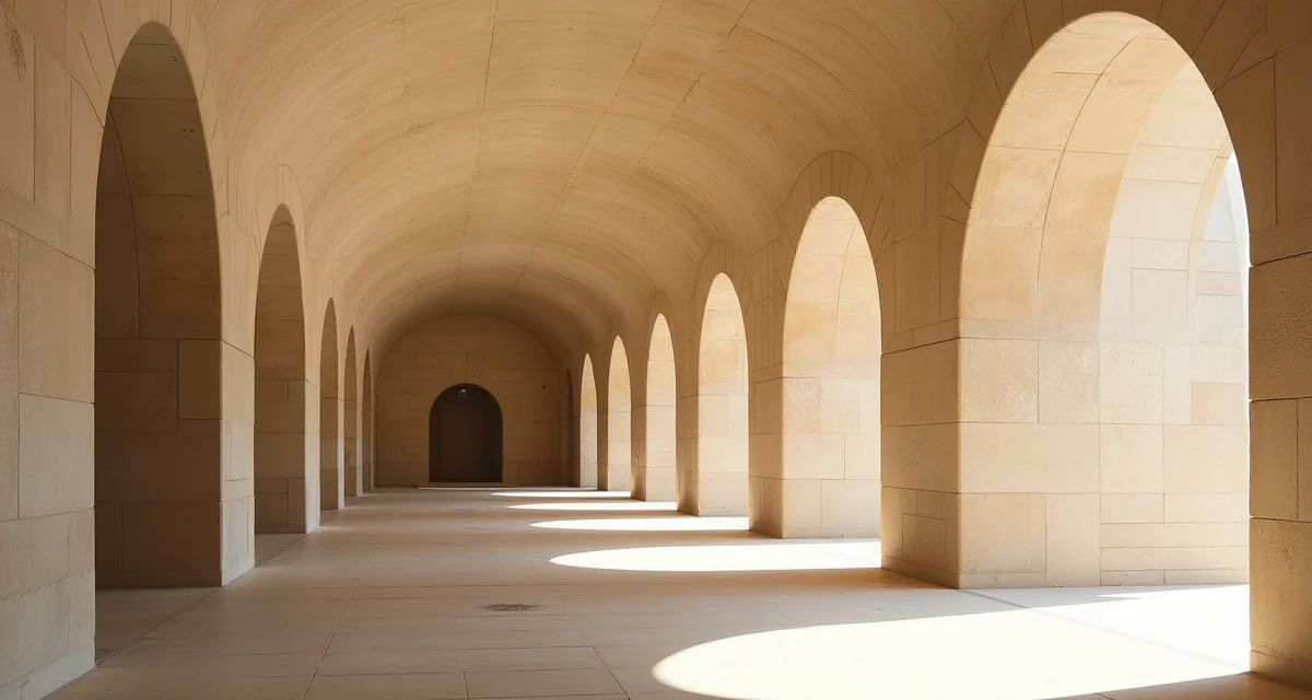Volutte a botte in calcestruzzo e pareti in travertino del Kimbell Art Museum illuminate da luce calda