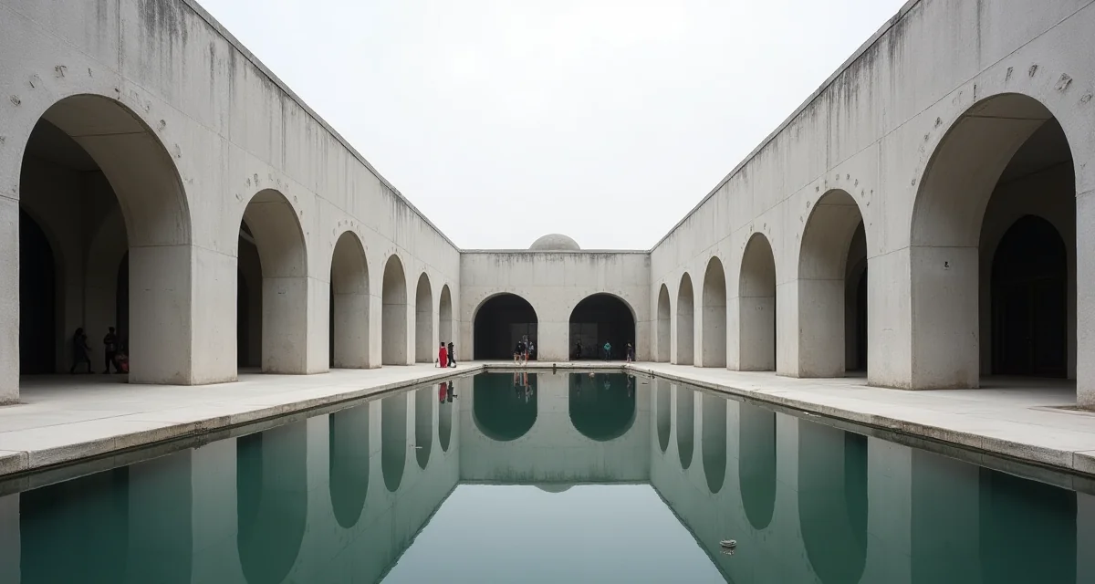 Facciate geometriche in calcestruzzo dell'Assemblea Nazionale di Dhakadi Louis Kahn riflesse nell'acqua